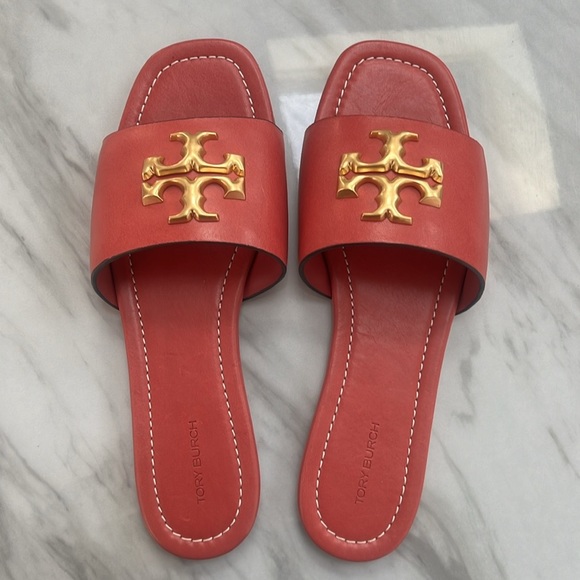 Tory Burch Shoes - Tory Burch Eleanor Leather Slide Gold Tone Double T Logo Flat Sandal